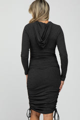 Charcoal Ruched Drawstring Hooded Maternity Dress