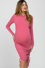 Pink Ruched Drawstring Hooded Maternity Dress