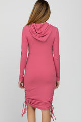 Pink Ruched Drawstring Hooded Maternity Dress