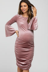 Pink Velvet Ruched Bell Sleeve Maternity Dress