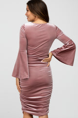 Pink Velvet Ruched Bell Sleeve Maternity Dress