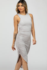 Grey Ruched Side Asymmetrical Midi Dress