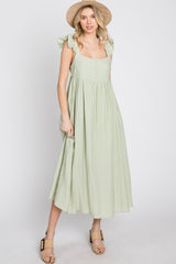 Light Olive Button Front Ruffle Sleeve Midi Dress