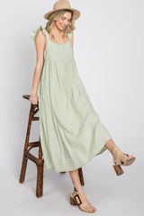 Light Olive Button Front Ruffle Sleeve Midi Dress