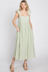 Light Olive Button Front Ruffle Sleeve Midi Dress