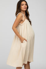 Beige Shoulder Tie Maternity Dress