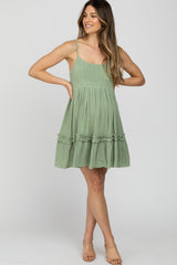 Light Olive Pleated Waist Ruffle Hem Linen Maternity Dress