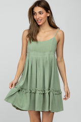 Light Olive Pleated Waist Ruffle Hem Linen Maternity Dress