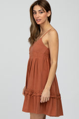 Rust Pleated Waist Ruffle Hem Linen Dress