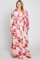 Cream Feather Print Chiffon Plus Maxi Dress