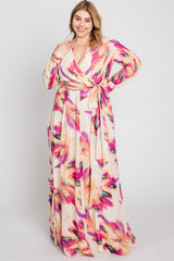 Cream Feather Print Chiffon Plus Maxi Dress