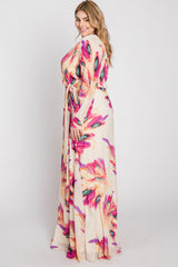 Cream Feather Print Chiffon Plus Maxi Dress