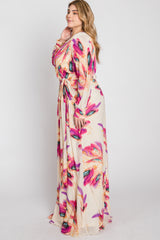 Cream Feather Print Chiffon Plus Maxi Dress