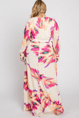 Cream Feather Print Chiffon Plus Maxi Dress