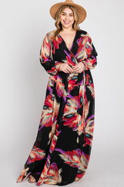 Black Feather Print Chiffon Plus Maxi Dress