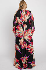 Black Feather Print Chiffon Plus Maxi Dress