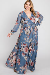 Blue Floral Chiffon Plus Maxi Dress