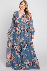 Blue Floral Chiffon Plus Maxi Dress