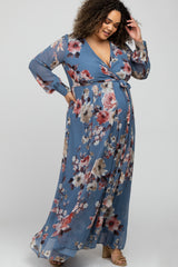 Blue Floral Chiffon Maternity Plus Maxi Dress