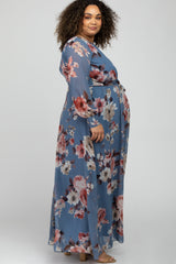 Blue Floral Chiffon Maternity Plus Maxi Dress