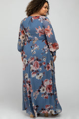 Blue Floral Chiffon Maternity Plus Maxi Dress