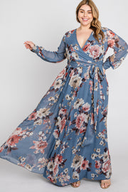 Blue Floral Chiffon Plus Maxi Dress