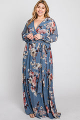 Blue Floral Chiffon Plus Maxi Dress