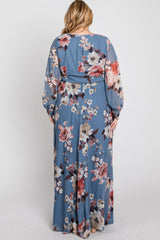 Blue Floral Chiffon Plus Maxi Dress