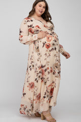 Cream Floral Chiffon Maternity Plus Maxi Dress