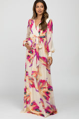 Cream Feather Print Chiffon Maternity Maxi Dress