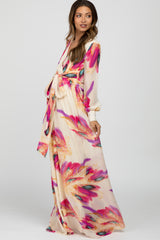 Cream Feather Print Chiffon Maternity Maxi Dress