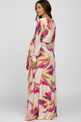 Cream Feather Print Chiffon Maternity Maxi Dress