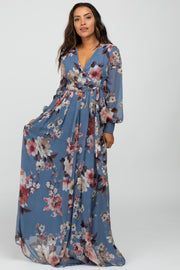 Blue Floral Chiffon Maxi Dress