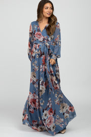 Blue Floral Chiffon Maternity Maxi Dress