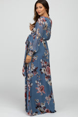 Blue Floral Chiffon Maternity Maxi Dress