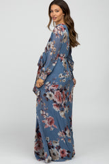 Blue Floral Chiffon Maternity Maxi Dress