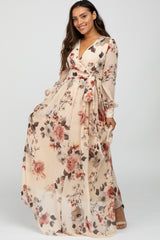 Cream Floral Chiffon Maxi Dress