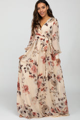 Cream Floral Chiffon Maxi Dress