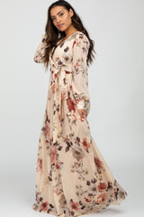 Cream Floral Chiffon Maxi Dress