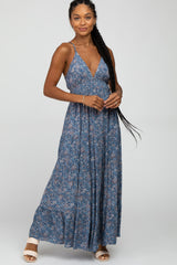 Blue Paisley Print Sleeveless Ruffle Hem Maxi Dress