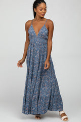 Blue Paisley Print Sleeveless Ruffle Hem Maxi Dress