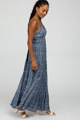 Blue Paisley Print Sleeveless Ruffle Hem Maxi Dress