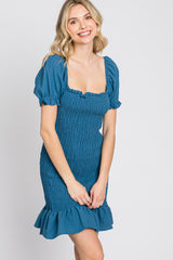 Blue Smocked Puff Sleeve Dress