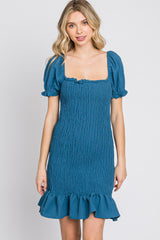 Blue Smocked Puff Sleeve Dress