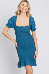 Blue Smocked Puff Sleeve Dress