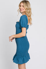 Blue Smocked Puff Sleeve Dress