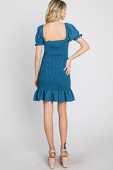 Blue Smocked Puff Sleeve Dress