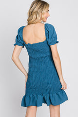 Blue Smocked Puff Sleeve Dress