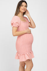 Light Pink Smocked Puff Sleeve Maternity Dress