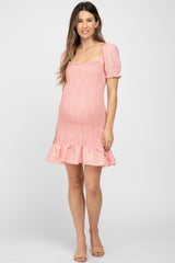 Light Pink Smocked Puff Sleeve Maternity Dress